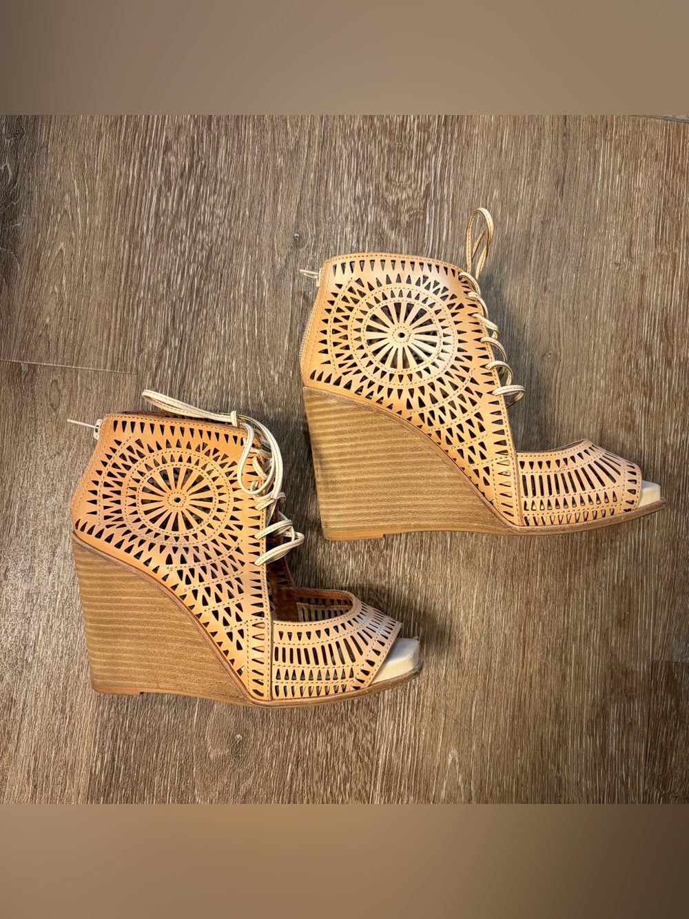 Jeffrey Campbell Tan Laser-Cut Lace-Up Wedge Sandals